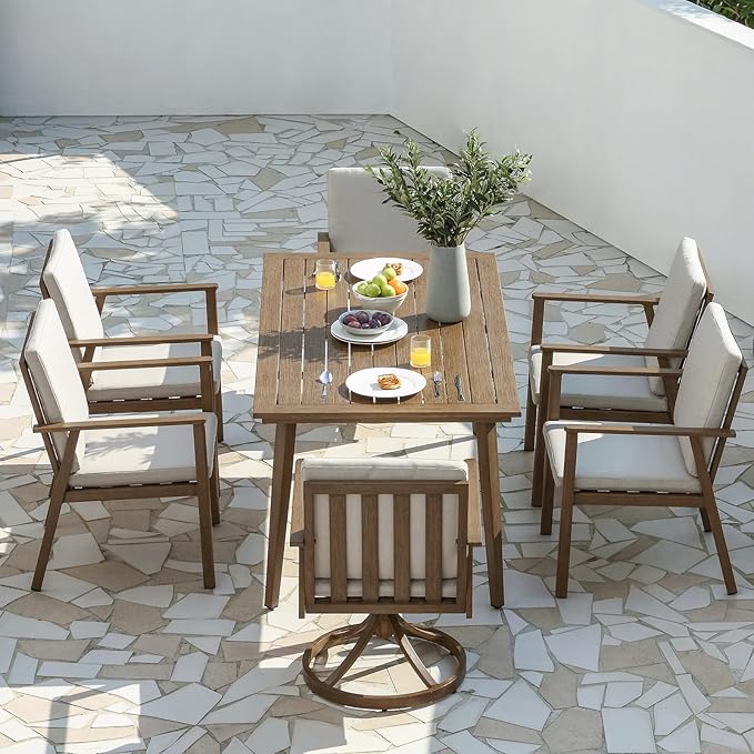 7 Pieces Patio Dining Set, Never-Rust Aluminum Outdoor Dining Table Set with Removable Cushions, Outdoor Furniture Set with 2 Swivel Chairs, 4 Dining Chairs for Deck Poolside, Backyard, Teak
