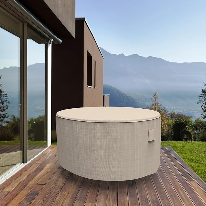 Budge English Garden Round Patio Table Cover, Waterproof & UV-Resistant Outdoor Furniture Cover, Fits Medium Tables up to 48" Diameter x 28" H, Tan Tweed