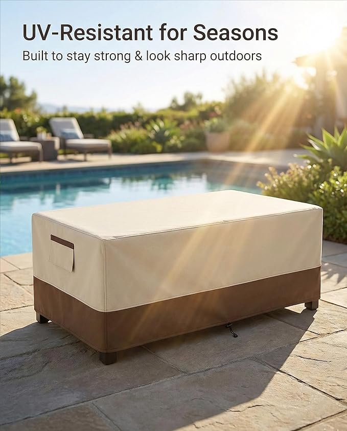 Waterproof Patio Coffee Table Cover, 600D Heavy Duty Outdoor Furniture Covers, Weather & UV Resistant, Windproof with Buckles, Rectangular Table Cover for Backyard Patio 36 x 24 x 16 in, Beige & Brown