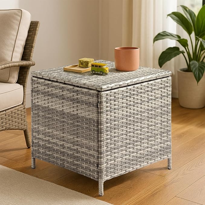Vasitelan Outdoor Wicker Storage Side Table, Patio Brown PE Rattan End Table with Storage, Square Container for Furniture Covers, Gardening Tools (Grey)