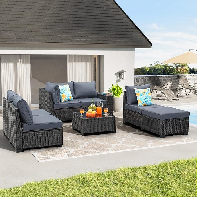 7 Pieces Patio Furniture Set,Wicker PE Rattan Outdoor Sectional with Cushion & Coffee Table, Patio Conversation Sofa for Garden, Backyard, Poolside, Grey
