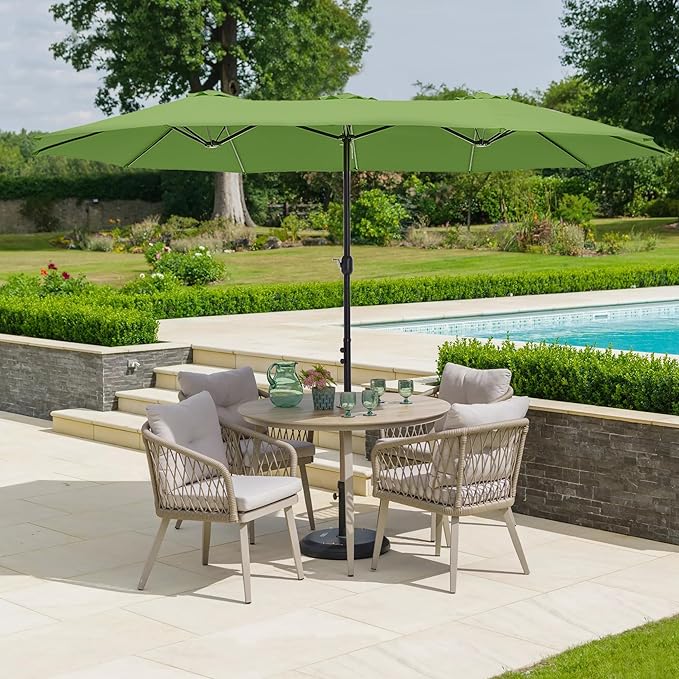 HERA'S PALACE Umbrella Patio Outdoor with Base 15ft Rectangle Heavy Duty Table Double Market Umbrellas Clearance Large Included Stand for Deck Outside Pool Picnic Inground Yard Commercial, Lime