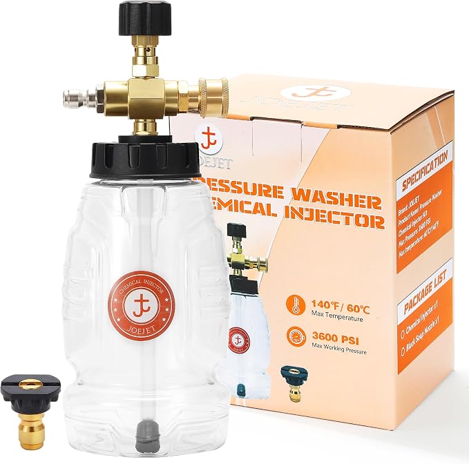 JOEJET Chemical Injector for Pressure Washer with Bottle, Adjustable Pressure Washer Soap Injector with 1/4 Inch Quick Connect, 3600 PSI
