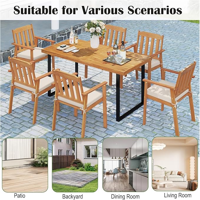 Tangkula 7 Pieces Patio Dining Table Set, 63” Rectangle Acacia Wood Table with Umbrella Hole and 6 Cushioned Armchairs, Outdoor Dinette Furniture for Garden Backyard Kitchen