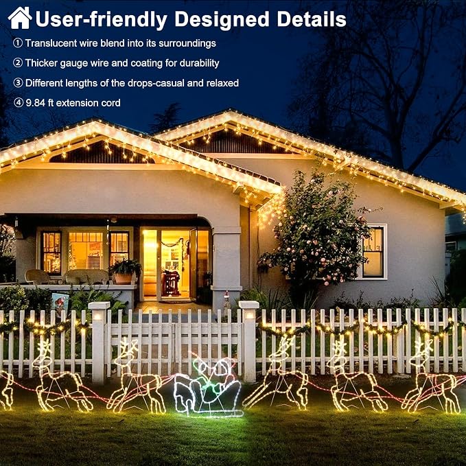 33ft 400 LED Icicle Lights for Outside Warm White Christmas Lights Outdoor | Plug in Connectable Twinkle Lights 8 Modes Timer Waterproof for House Patio Eaves Window Party Indoor Holiday Xmas Decoration
