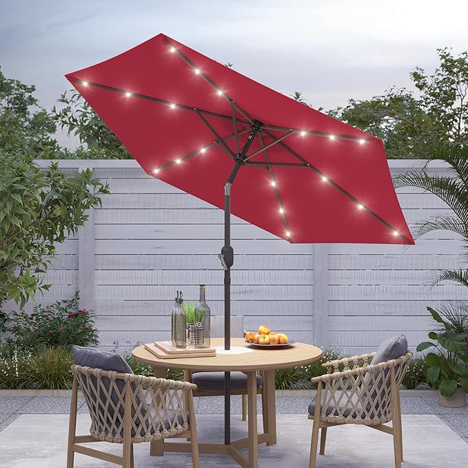 7.5ft Outdoor Umbrella Patio Umbrella with Solar Lights,18 LED Lighted Table Market Outdoor Umbrella, 2-Year-Non-Fading, for Pool, Deck, Garden,Backyard