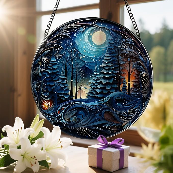 8-Inch Starry Night Forest Suncatcher Ornament, Stained Glass Window Hanging & Stained Glass Holiday Ornament, Sun Catcher Window Decor ā Magical Gift for Nature Lovers, Gifts for Christmas & Holidays