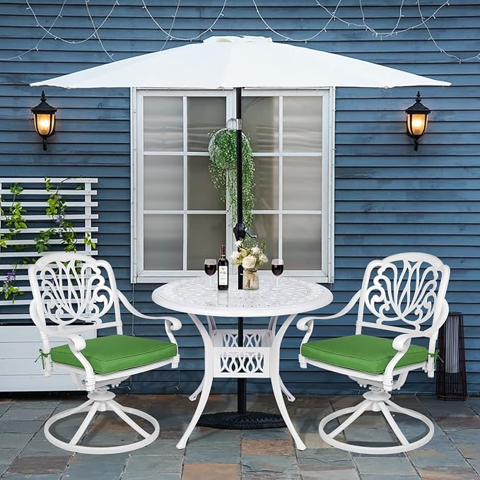 VIVIJASON 3-Piece Patio Furniture Dining Set, Outdoor All-Weather Cast Aluminum Bistro Set, Include 2 Swivel Chairs and 35.4" Round Table w/Umbrella Hole for Balcony, Lawn, Garden, Backyard, White
