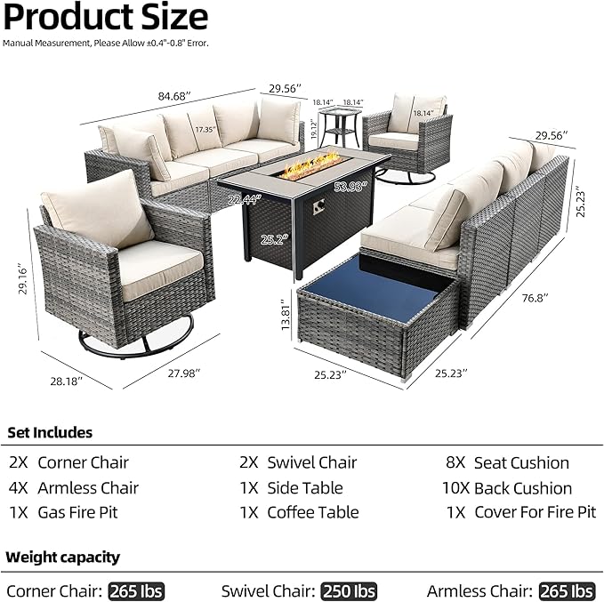 11 Piece Outdoor Patio Furniture Set with 53" Fire Pit Table, Wicker Sectional Conversation Set Whit Swivel Chairs,Modern Outside Sofa for Balcony Backyard(Beige)