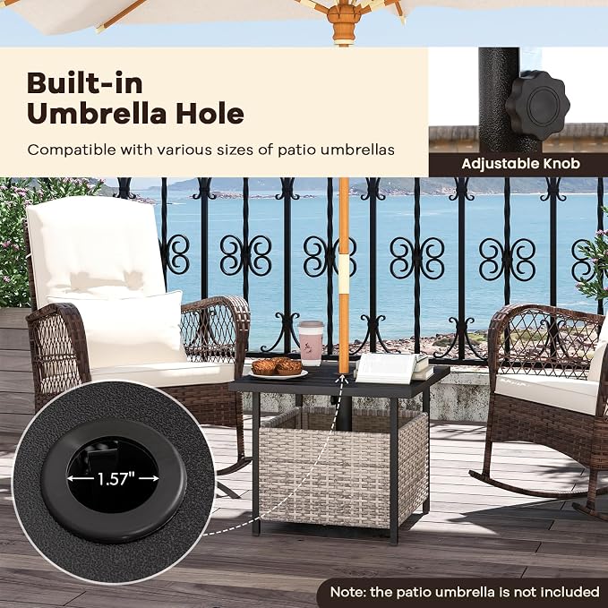 HAPPYGRILL Wicker Patio Umbrella Table with 1.57” Umbrella Hole, Outdoor Rattan Side Table with Heavy Duty Metal Frame, 22” Square PE Rattan End Table for Deck Backyard Poolside (Mix Gray)