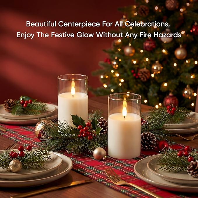 Amagic 3"x5" Clear Glass Flameless Candles Battery Operated with Timer, Remote Control, LED Pillar Candles, Battery Powered, Valentine's Day Decor, Pure White Wax, Set of 2