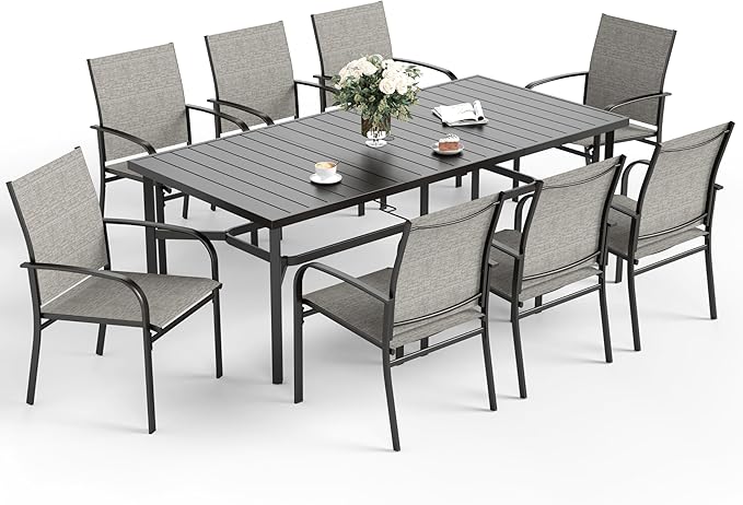 SUNSHINE VALLEY Patio Dining Set 9 PCS, 8 Stable Outdoor Dining Chairs with Rectangular Dining Table, Patio Table and Chairs Set for Lawn,Deck and Backyard
