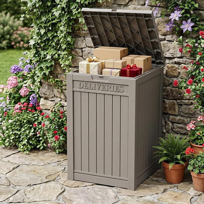Outdoor Storage Box, 70 Gallon Package Delivery Boxes for Outside, with Lockable Secure, Deck Box Outdoor Waterproof for Entryway, Front Porch, Backyard, Garden, Patio, Lawn, Grey