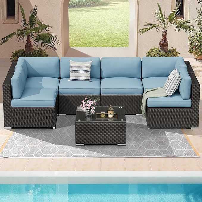 8 Pieces Outdoor Patio Furniture Set with Waterproof Cover, Black Brown Wicker Patio Sectional Sofa Set, Outdoor Couch with Cushion and Tempered Glass Table, Sky Blue