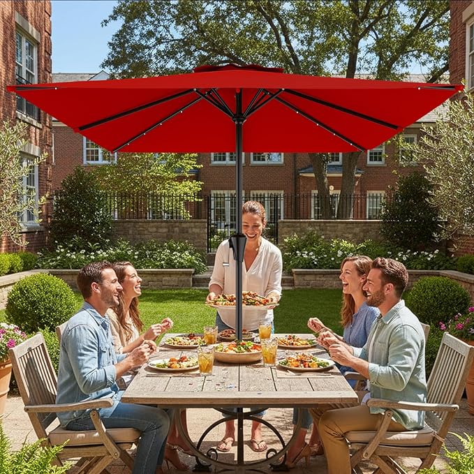 AreShark 8' X 10' Rectangular Patio Umbrella with Solar Lights, Lighted Solar Umbrella with Crank, Outdoor Table Umbrella for Garden, Deck, Backyard, Pool and Beach, Red