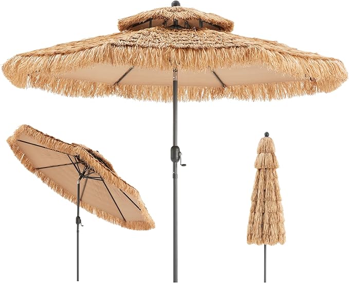 COSIEST 9FT Tiki Umbrella Outdoor Patio Hawaiian Thatched Shade With 8 Ribs Tilt Adjustment for Garden Pool Backyard Beach