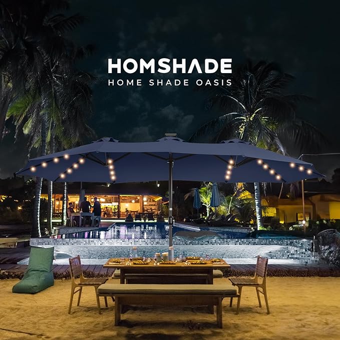 HOMSHADE Double Sided Patio Umbrellas - 13ft Solar Lights LED Lighted Outdoor Extra Large Market Table Umbrella with Base Included, Oversized Umbrella for Deck, Pool, Backyard
