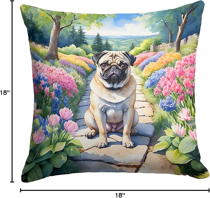 Caroline's Treasures Pug Spring Path Throw Pillow Machine Washable, Indoor Outdoor Decorative Pillow for Couch, Bed or Patio, 18Hx18W