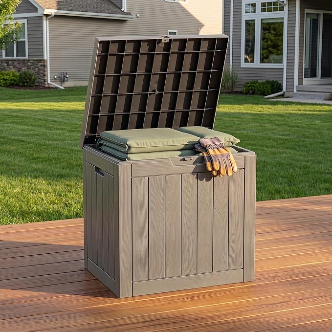 NicBex 30 Gallon Deck Box, Waterproof Resin Outdoor Storage Box Lockable for Patio Furniture, Fade Resistant Patio Side Table & Organizer for Garden Tools, Pool Floats, Outdoor Cushions, Light Coffee