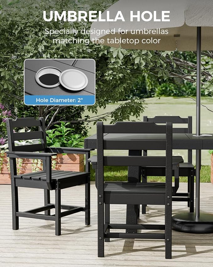 K Knowbody 12-Piece Outdoor Patio Dining Table and Chairs Set, Seats 10 | Steel-Reinforced HDPE, 100 lb/sq ft Load Capacity, 2-Inch Umbrella-Ready Tables, All-Weather, Fade-Resistant, Charcoal Black