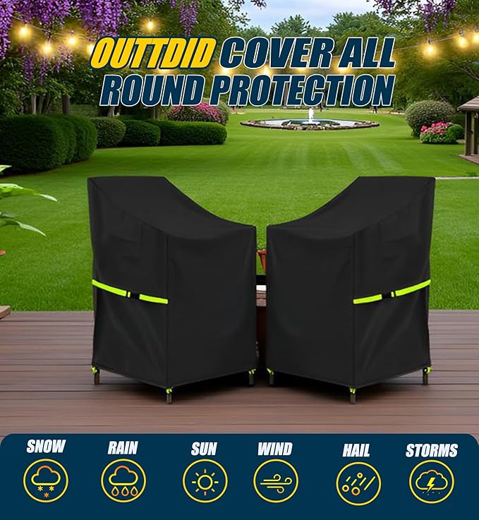 Stackable Patio Chair Cover - 600D High Back Outdoor Chair Cover Waterproof & Heavy Duty, 2 Pack Lawn Furniture Stacking Seat Cover for 4-6 Outdoor Stackable Dining Chairs - 28 x 36 x 47 Inch