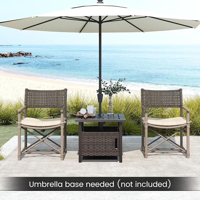 Outdoor Side Table with Umbrella Hole, Umbrella Table with Zinc-Iron Alloy Tabletop, 2 Sand Bags & Single-Door Cabinet, 22" Wicker End Table for Patio, Garden, Porch, Poolside(Mix Brown)