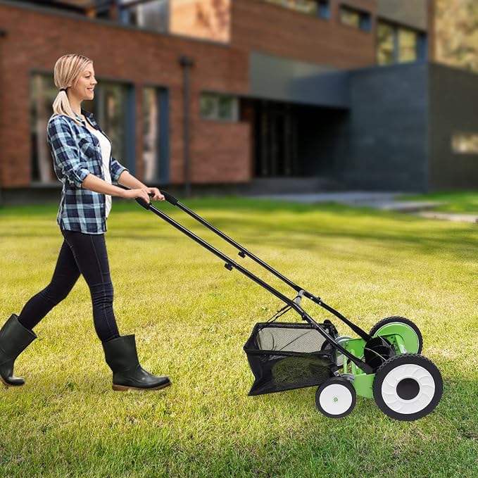 16-Inch 5-Blade Cordless Manual Reel Lawn Mower, Adjustable Cutting/Handle Height Grass Cutter with Grass Catcher, Green
