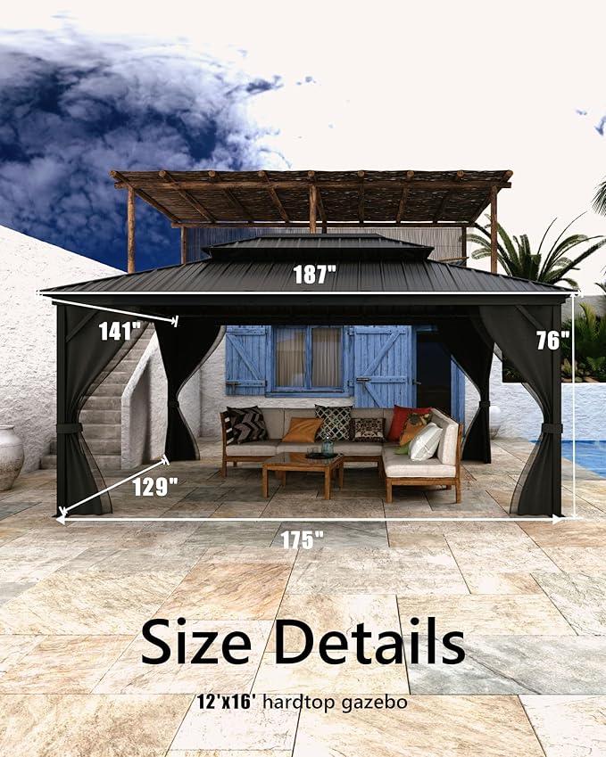 GarveeLife Hardtop Gazebo 12 ft x16 ft for All Weather, with Double Metal Roof, Net, and Curtain, Permanent Building for Patio, Deck, Backyard, Lawn, and Garden