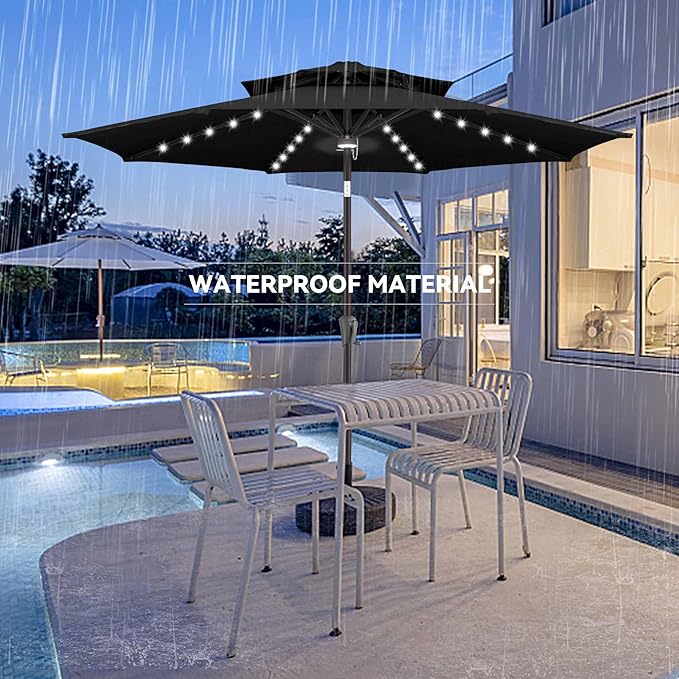 Jarka&Co 9ft Solar Patio Umbrella - 2 Tiers Solar Outdoor Umbrella with 40 LED Lights Waterprool UV Protection, Market Table Umbrella with Tilt for Backyard, Garden, Pool, Porch (Black)