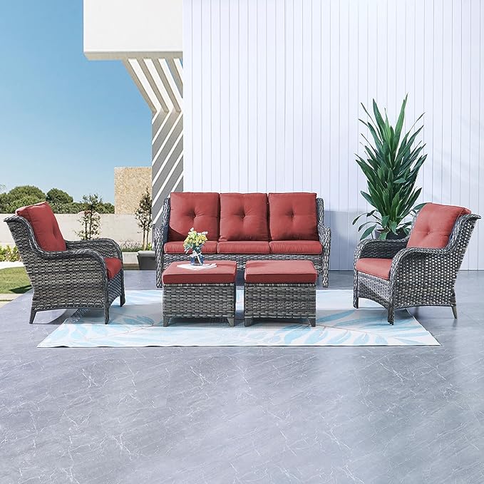Rilyson Outdoor Couch Wicker Patio Sofa - 3 Seat Rattan Sofa with Deep Seating and Comfortable Cushions for Porch Deck Balcony Garden(Mixed Grey/Red)