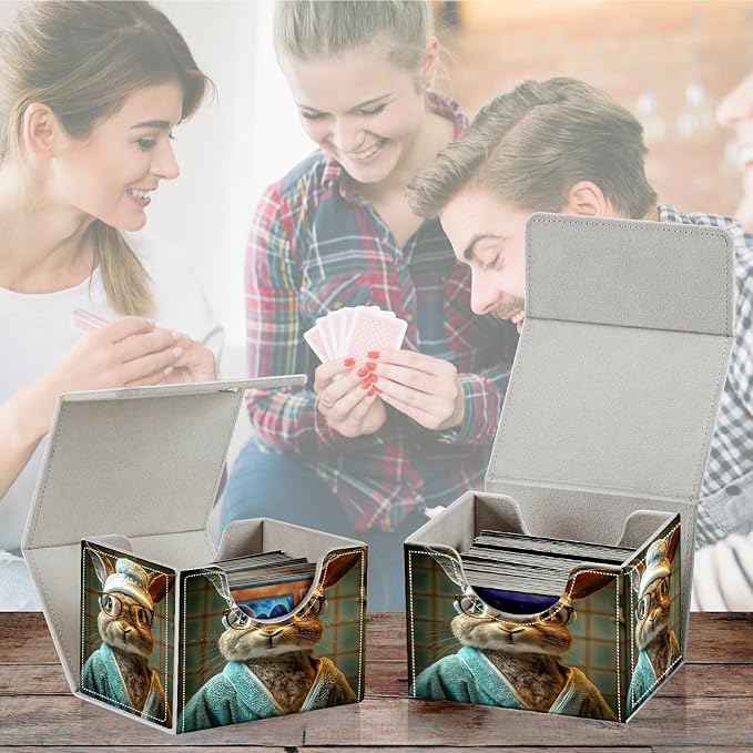 Card Deck Box for MTG, Cards Storage Box Fits 120+ Sleeved, Leather Small Size Strong Magnetic Closing Card Case for Board Games Magic TCG CCG Baseball Collection, Glasses Rabbit