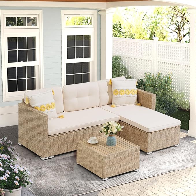 JOIVI 3 Piece Patio Furniture Set, L Shaped Wicker Rattan Outdoor Sectional Couch Conversation Set with Cushions & Wooden Top Coffee Table, All Weather Patio Sofa Set for Balcony or Porch, Beige