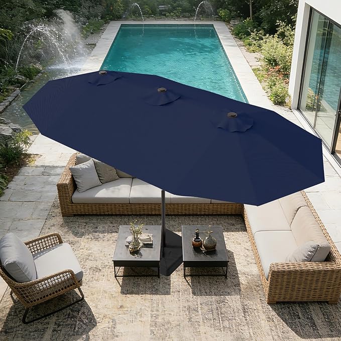 AreShark 15ft Patio Umbrella with Base, Double Sided Outdoor Umbrella with 12 Fiberglass Ribs, Large Outdoor Umbrella for Garden, Pool, Deck, Backyard & Market, Navy