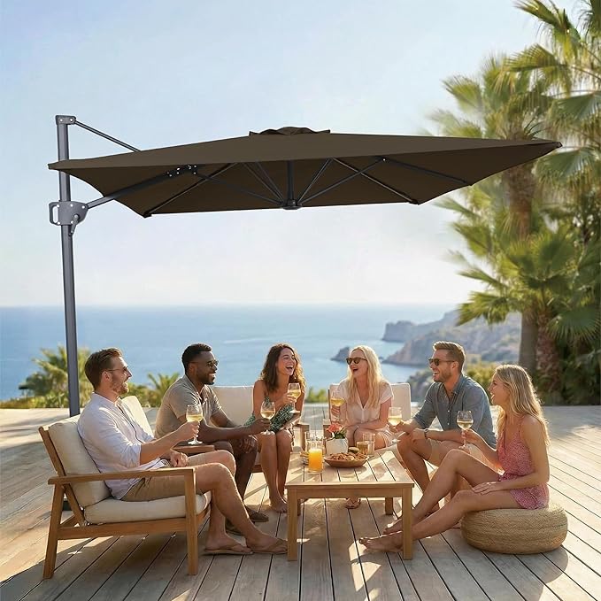 10FT Offset Patio Umbrella, Cantilever Hanging Umbrella with Infinite Tilt, Fade-Resistant Water-Repellent Canopy & Cross Base for Yard, Garden & Deck