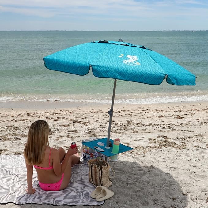 AMMSUN Beach Umbrella with Sand Anchor & Table Tray, Portable Heavy Duty 6.5ft Sun Outdoor Umbrella, UV 50+ Protection, Carry Bag for Beach, Patio, Pool and Garden, Sky Blue Paint