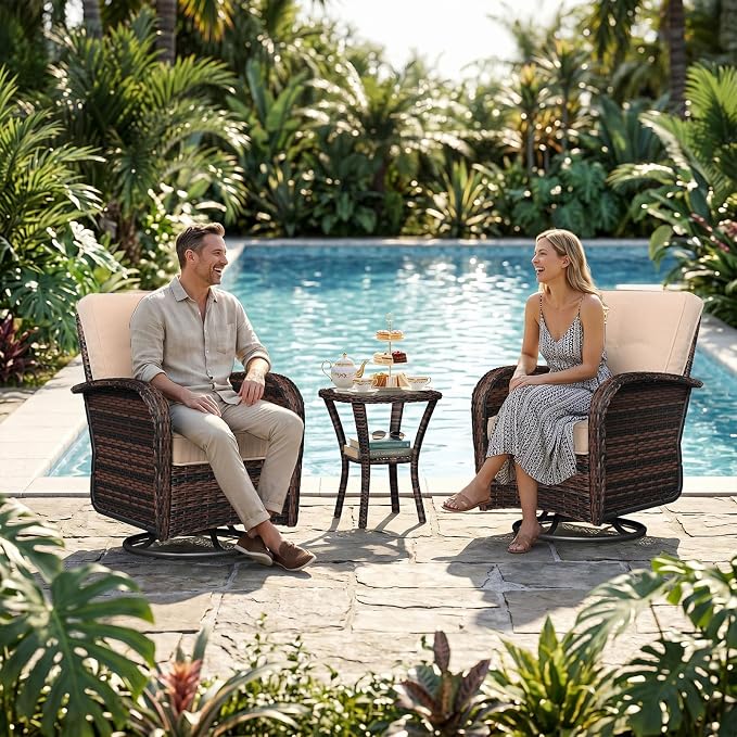 Aoxun 3 Piece Outdoor Patio Furniture Set with Side Table, Outdoor Patio Furniture Sets with High Back Swivel Rocker Chairs, Outdoor Sofa Set with Ottoman for Backyard & Garden, Beige