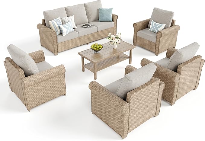 Patio Furniture Set 6 pcs, Wicker Rattan Sofa with 5.5" Thick Waterproof Cushions, 4 Chairs and Coffee Table, All Weather Outdoor Conversation Set for Backyard Deck, 7 Seats Beige
