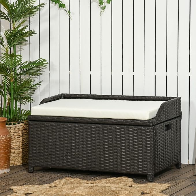 Outdoor Wicker Storage Bench Deck Box, PE Rattan Patio Furniture Pool Container Storage Bin with Interior Waterproof Bag and Comfortable Cushion, Cream White