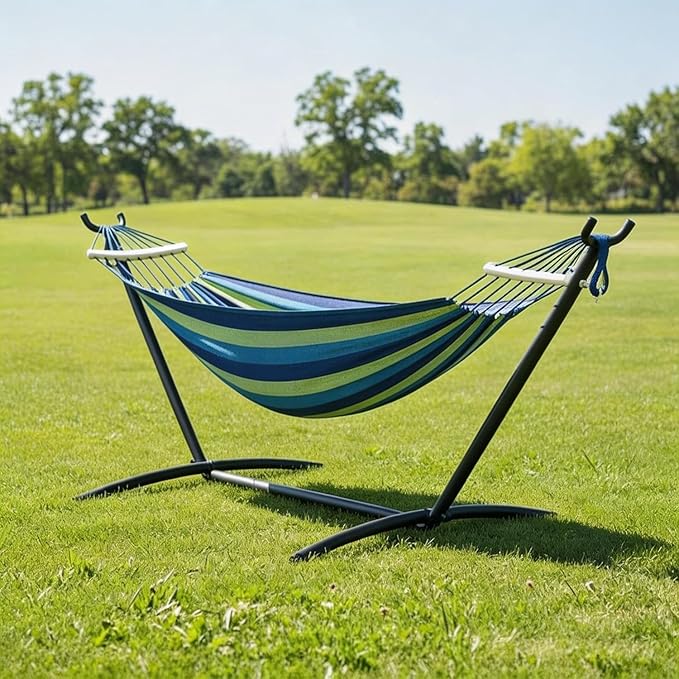 Heavy-Duty 450lbs Portable Hammock with Adjustable Steel Stand, Premium Poly-Cotton Fabric Camping Hammock with Carry Bag, Ideal for Patio, Garden and Backyard Outdoor Relaxation