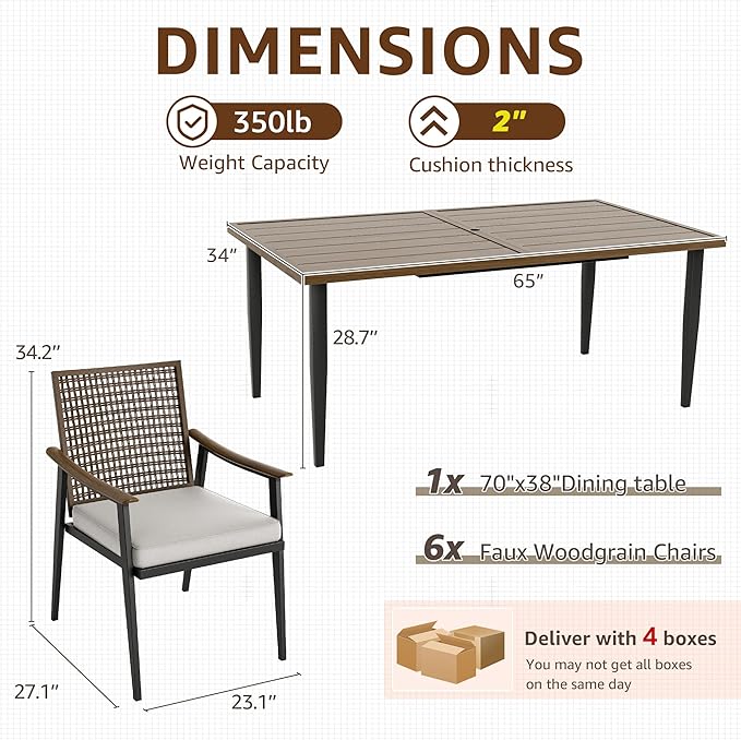 NATURAL EXPRESSIONS 7 Piece Patio Dining Set for 6,Rattan Wicker Swivel Patio Dining Chairs with Cushions,Aluminum Woodgrain Armrest, 65" Large Dining Table with Umbrella Hole for Yard, Garden,Pool