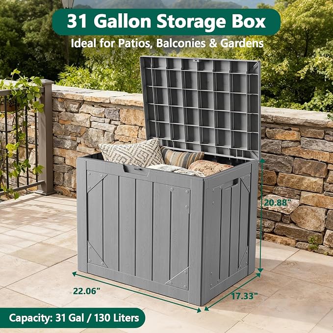 Outdoor Storage Box, 31 Gallon Lockable Waterproof Deck Storage Box, Yard Storage Bin, Suitable for Gardens, Gray