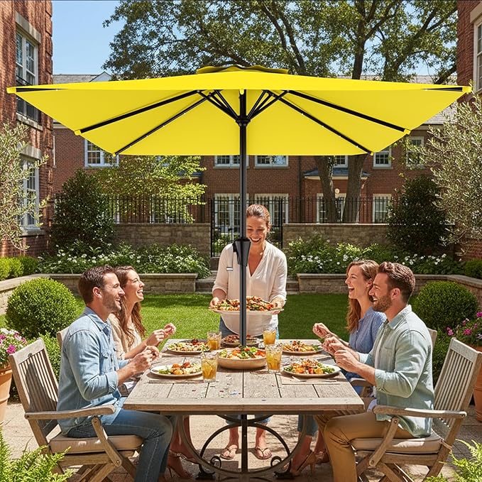 AreShark 8' X 10' Rectangular Patio Umbrella with Solar Lights, Lighted Solar Umbrella with Crank, Outdoor Table Umbrella for Garden, Deck, Backyard, Pool and Beach, Yellow