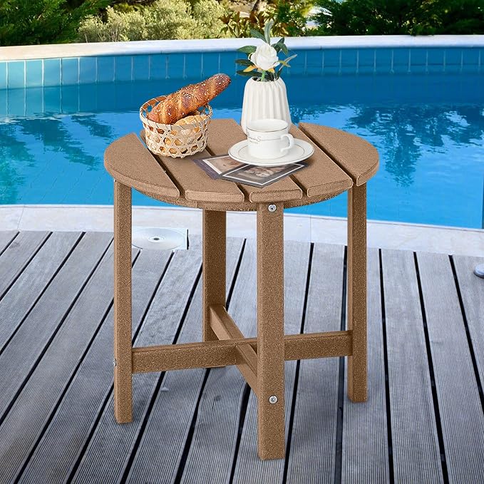 Tangkula Round Outdoor Side Table, 18 Inch Weather Resistant HDPE Adirondack Table, Outdoor Indoor Chairside End Tables, Patio Side Table for Lawn Garden Balcony Backyard, Easy Assembly (2, Brown)
