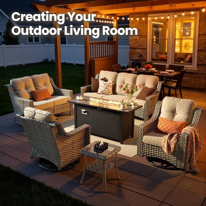 6 Piece Patio Furniture Set with Fire Pit Table, Conversation Sets with High Back Swivel Rocker Chairs, Outdoor Wicker Sofa Loveseat with Comfy Cushion for Backyard Deck Garden, Beige