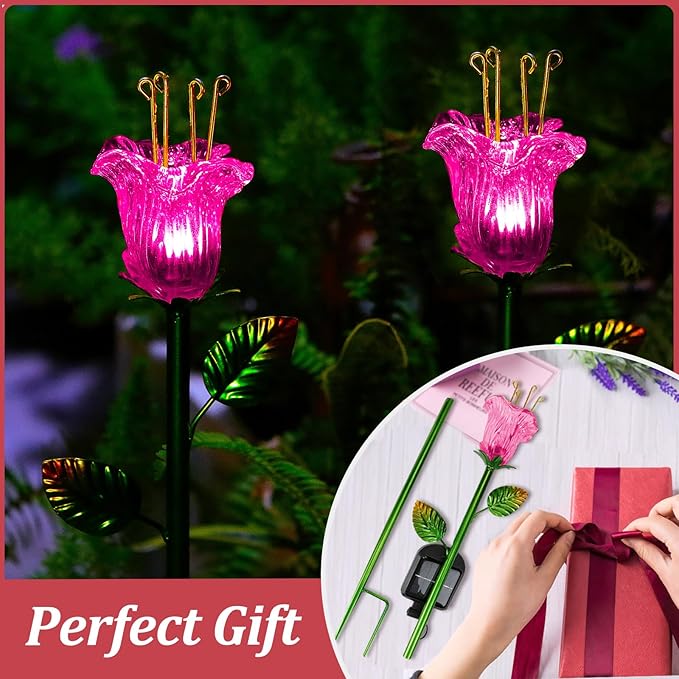 VChymm Outdoor Decorative Flowers 2 Pack, Waterproof Pink Glass Lily Flower Lights, Auto ON/Off Solar Decorative Lights for Garden, Patio, Backyard