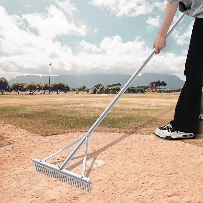 Qinyoung Aluminum Maintenance Rake 24 Inch Baseball Field Garden Landscape Rake with 66''-98'' Adjustable Handle for Yard Lawns Lake Weed Care Gardening Loosening Soil