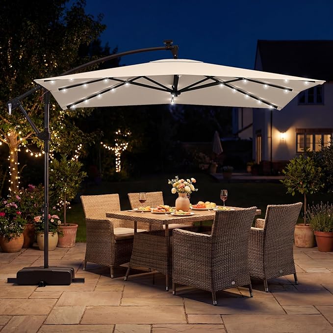 Tangkula 8x8 FT Solar Patio Umbrella with Base Included, Square Offset Cantilever Outdoor Umbrella with 32 LED Lights, 360 Degree Rotation, Crank Handle, 2 Sandbags, 8 Ribs, Air Vent for Pool Deck Garden Backyard