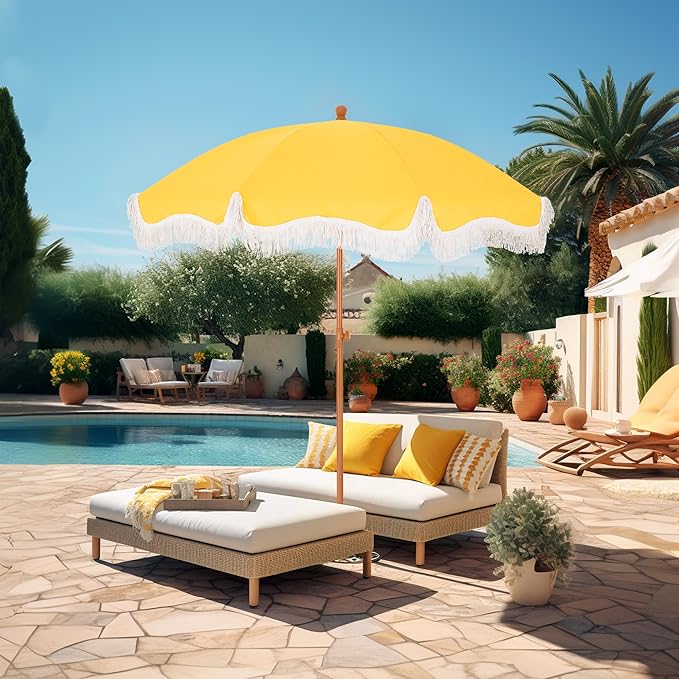 PHI VILLA 7ft Fringe Beach Umbrella with Sand Anchor, Outdoor Patio Portable Beach Umbrella for Sand with Tassels, Push Button Tilt & Carrying Bag, UPF 50+, Yellow