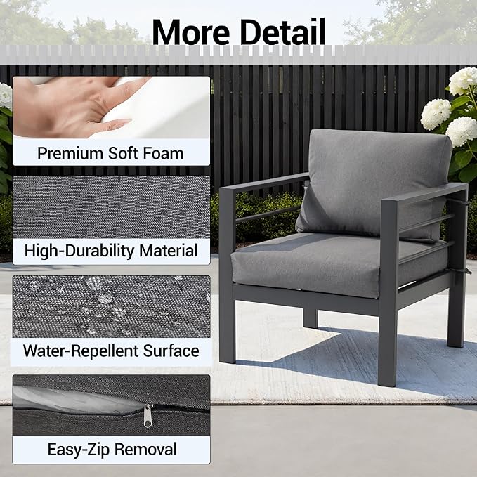 4-Piece All-Weather Metal Patio Furniture Set, Sectional Conversation Sofa w/Coffee Table, Heavy Duty Steel Frame & Washable Cushions for Backyard Garden (Grey, Furniture Set(Straight))