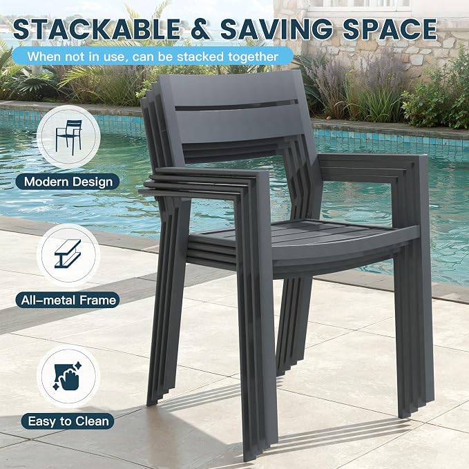 VICLLAX Patio 7 Pieces Outdoor Dining Set for 6, 63" Outdoor Rectangular Metal Dining Table with Umbrella Hole, 6 Stackable Chairs for Lawn, Garden, Porch, Grey